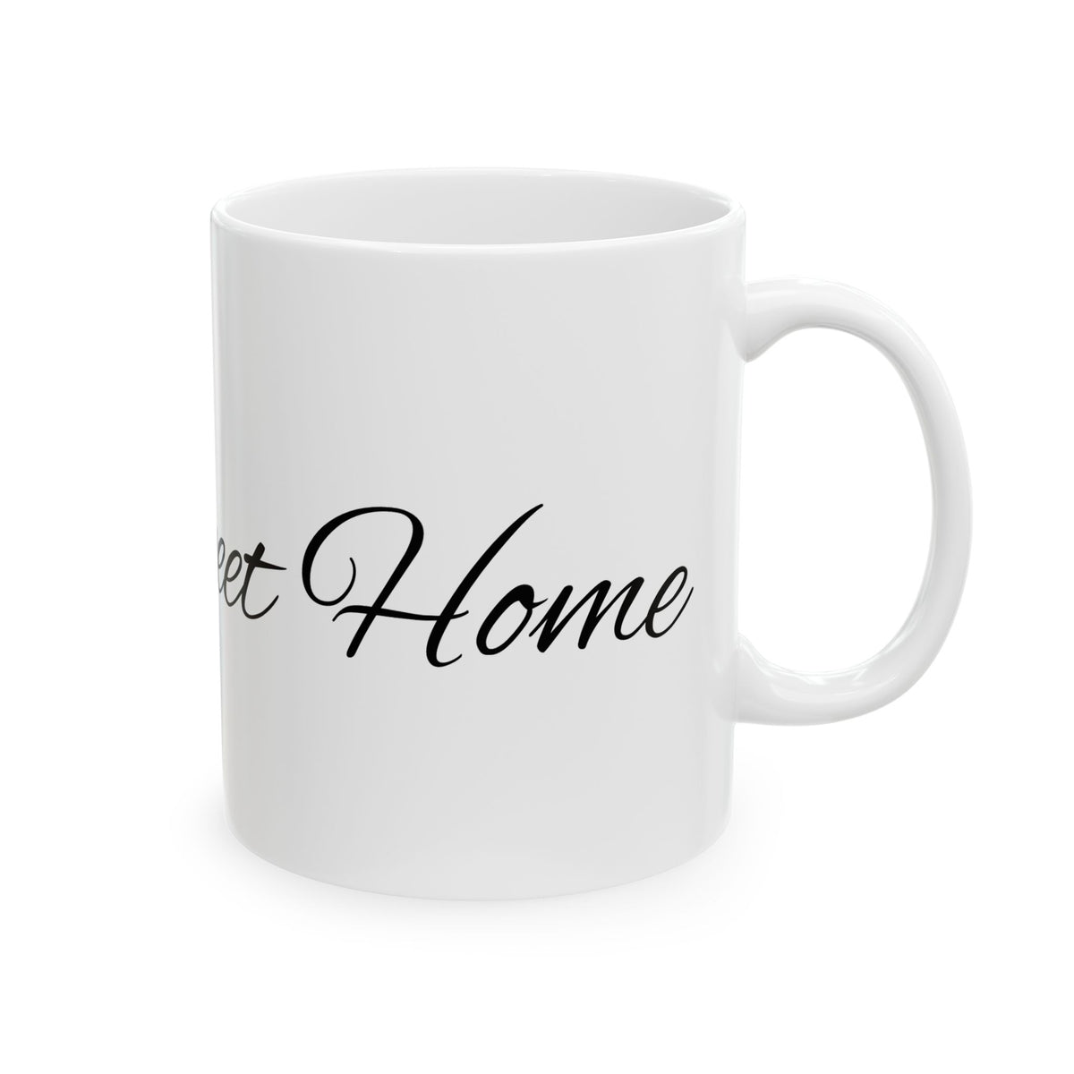 Home Sweet Home Ceramic Mug — Script Text with Green Leaf Accent (11oz, 15oz)