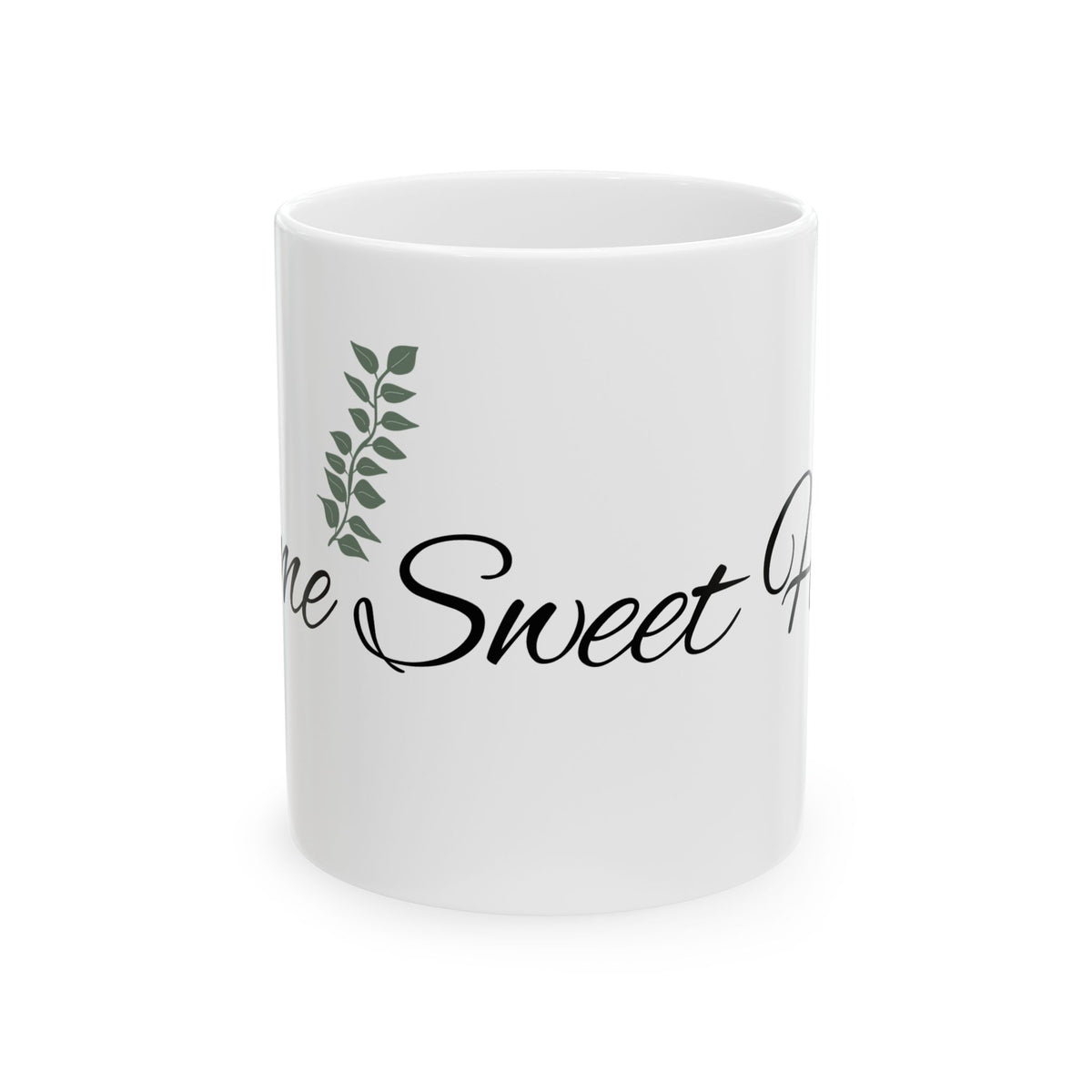 Home Sweet Home Ceramic Mug — Script Text with Green Leaf Accent (11oz, 15oz)